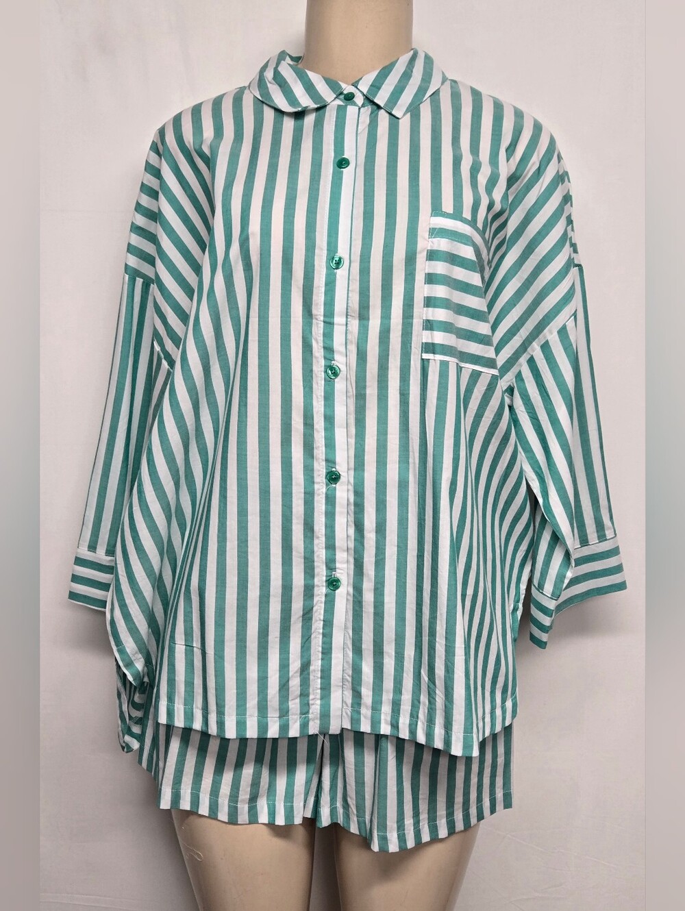 Joyspun L 12-14 New Pajama Set Shorts Button Down Top Stripes Green